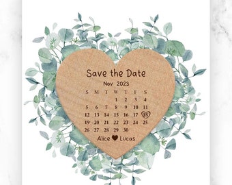 Custom Engraved Wood Heart Shape Save the Date Magnet Set, Personalized Wedding Card, Envelope and Magnet Disc for a Wedding Announcement