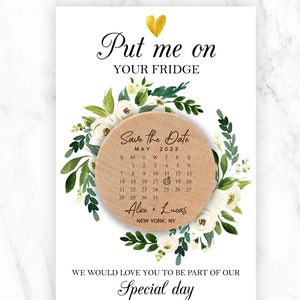 Personalized Save the date Calendar magnet + Card + Envelope, Laser Engraved Wood Wedding Magnet, Wooden Circle Save the Date
