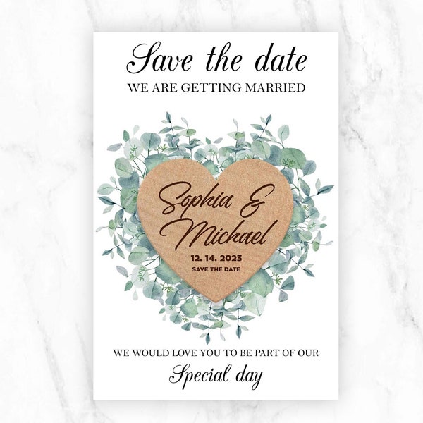 Custom Engraved Wood Heart Shape Save the Date Magnet Set, Personalized Wedding Card, Envelope and Magnet Disc for a Wedding AnnouncementW02