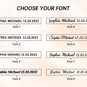 K&ouml;nnte beinhalten: Acht verschiedene Schriftstile f&uuml;r den Text "Sophia Michael 12.20.2023". Jeder Schriftstil wird in einem wei&szlig;en Rechteck mit schwarzem Rand angezeigt. Der Text ist schwarz.