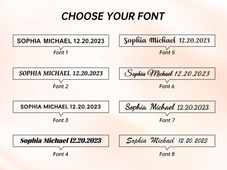 K&ouml;nnte beinhalten: Acht verschiedene Schriftstile f&uuml;r den Text "Sophia Michael 12.20.2023". Jeder Schriftstil wird in einem wei&szlig;en Rechteck mit schwarzem Rand angezeigt. Der Text ist schwarz.