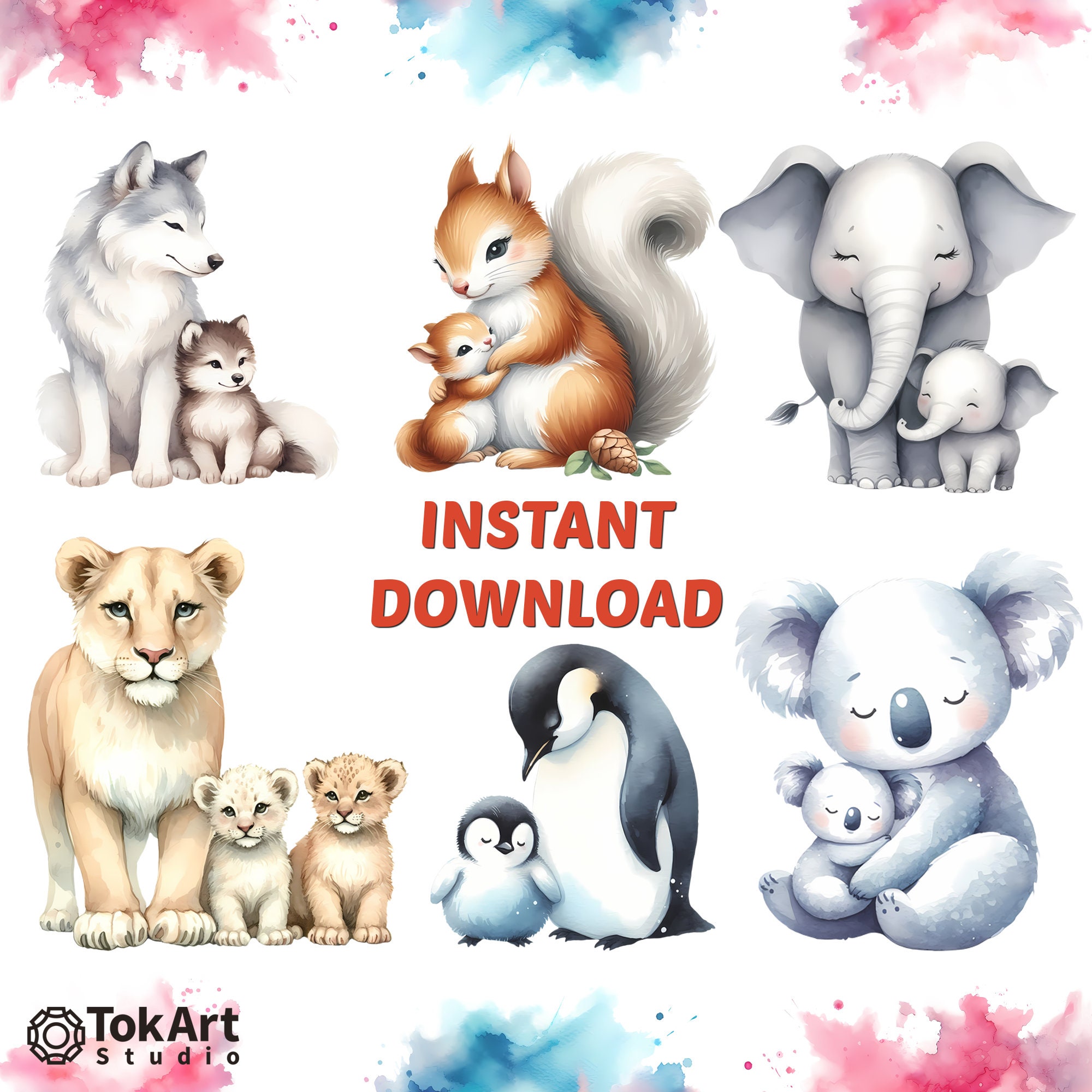 Watercolor Mother & Baby Animals PNG Clipart (digital Download) - Etsy