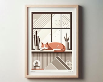 Póster abstracto de gato dormido: Arte minimalista de gatito para pared (Descarga digital)