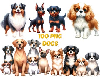Peut inclure: Une collection de 100 illustrations de chiens de dessin animé au format PNG. Les chiens sont de races et de poses variées, notamment un Bouvier bernois, un Cavalier King Charles Spaniel, un Dobermann Pinscher, un Bouledogue français, un Golden Retriever, un Labrador Retriever, un Caniche, un Carlin, un Rottweiler, un Shih Tzu et un Yorkshire Terrier.