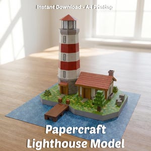 May include: A papercraft lighthouse model featuring a red and white striped tower, a small house with a red roof, and a wooden dock on a green island base surrounded by blue water. The text reads Instant Download - A4 Printing Papercraft Lighthouse Model.