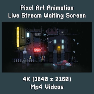 May include: Pixel art animation of a live stream waiting screen. The scene depicts a futuristic cityscape with neon signs that read "LIVE STREAM". A red vehicle is in the foreground. The image is labeled "4K (3840 x 2160) Mp4 Videos".