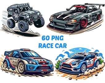 Watercolor Race Car PNG Clipart: Cartoon Style Motorsport Images (Digital Download)