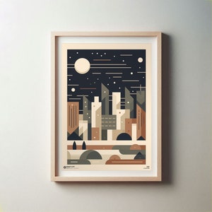 Printable Abstract Night City Poster. Abstract Night, City and Moon Poster. Stylish Modern Home Decoration. Minimal Night Cityscape Art.