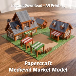 Papercraft Medieval Market Model, Printable Paper House Template, DIY Miniature Medieval Market Plans, Instant Download Papercraft Kit PDF