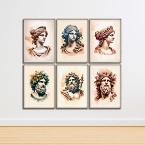 Printable Vintage Watercolor Style Ancient Greek Statues Poster Set. Vintage Greek Gods Poster. Vintage Watercolor Greek Mythology Poster.