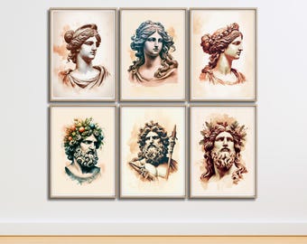 Printable Vintage Watercolor Style Ancient Greek Statues Poster Set. Vintage Greek Gods Poster. Vintage Watercolor Greek Mythology Poster.