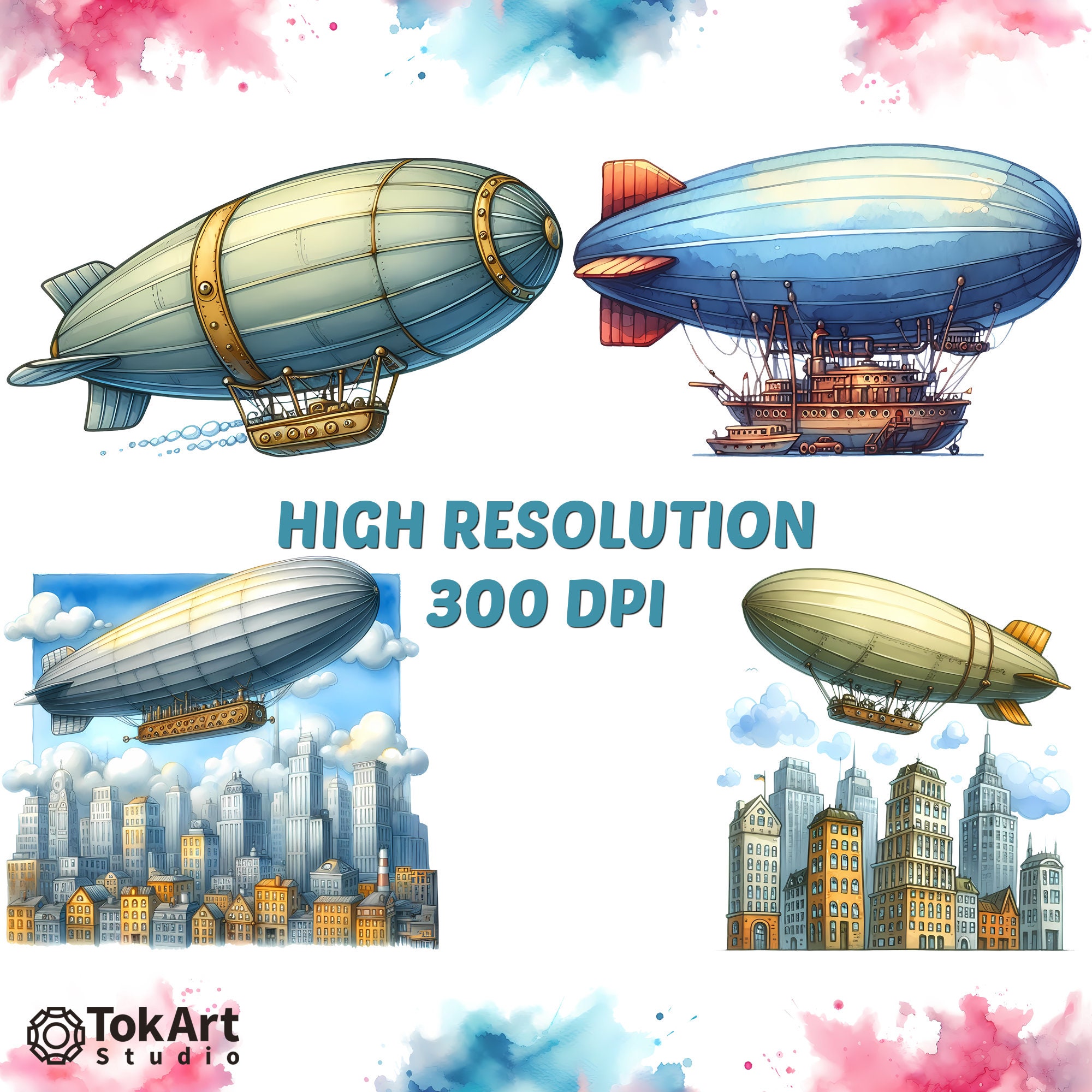 水彩画の飛行船のクリップアート：PNG形式のツェッペリン画像70枚