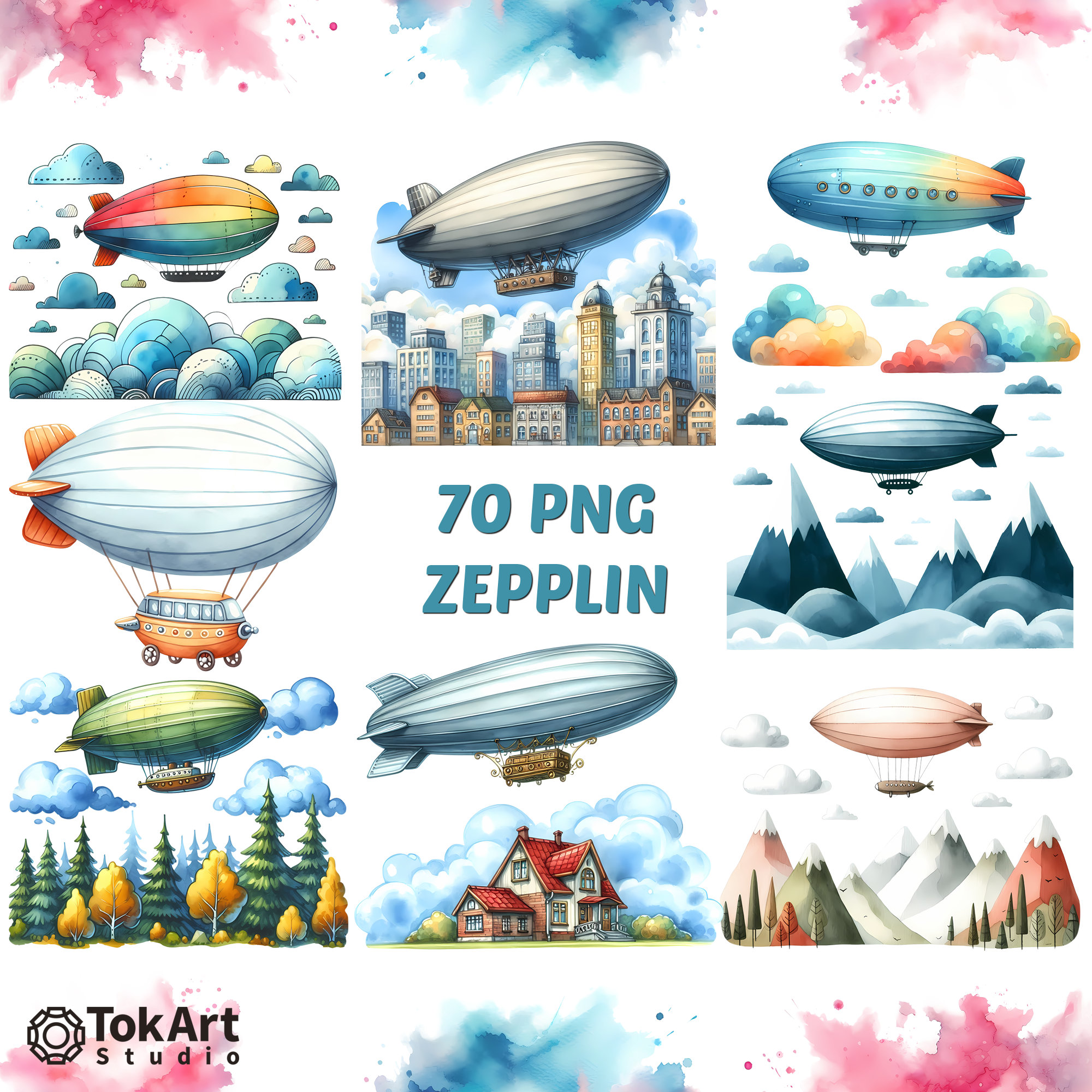 水彩画の飛行船のクリップアート：PNG形式のツェッペリン画像70枚