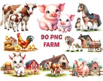 水彩農場動物のPNGクリップアートセット（デジタルダウンロード）