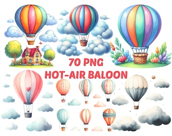 Watercolor Hot Air Balloon Clipart: 70 PNG Images (Digital Download)