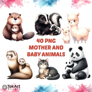 Watercolor Transparent PNG Mother and Baby Animal Images. Watercolor Mother and Baby Animals, Baby and Mother Monkey, Koala, Cat, Elephant