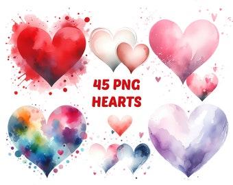 Watercolor Heart PNG Images: 45 Transparent Colorful Designs (Digital Download)