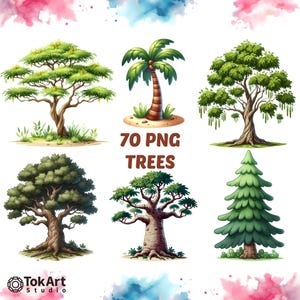 Árbol de acuarela PNG Clipart: Pino, palmera y abedul (Descarga digital)