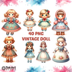 Watercolor Transparent PNG Vintage Doll Images Set, Watercolor PNG Vintage Porcelain Doll Images, Watercolor Cute Vintage Doll Graphics.