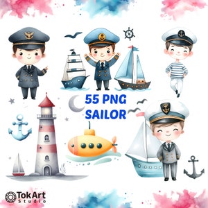 Può includere: Un set di 55 illustrazioni ad acquerello con tema nautico. Le illustrazioni includono un faro, un sottomarino, una barca a vela, un'ancora, una luna crescente e quattro marinai di cartoni animati che indossano uniformi da marinaio blu e bianche. Il testo "55 PNG SAILOR" è incluso nell'immagine.