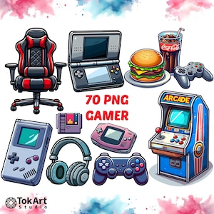 Aquarell Cartoon Stil Transparente PNG Gamer Bilder. Aquarell Transparente PNG Videospiel Bilder. Retro Game transparente Illustrationen.