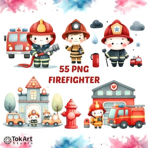 Puede incluir: Un conjunto de 55 ilustraciones digitales con adorables bomberos de dibujos animados. Las ilustraciones incluyen bomberos en varias poses, camiones de bomberos, bocas de incendios y estaciones de bomberos. Las ilustraciones están en estilo acuarela y son perfectas para crear productos digitales como pegatinas, tarjetas de felicitación e imprimibles.