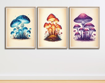 Vintage Aquarell Pilz Poster Set: Retro Leuchtpilze (Digitaler Download)