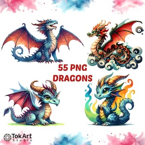 Watercolor Transparent PNG Dragon Images Set, Watercolor PNG Cute Dragon Images, Kawaii Dragon Transparent Clipart. Fantasy Dragon Images.