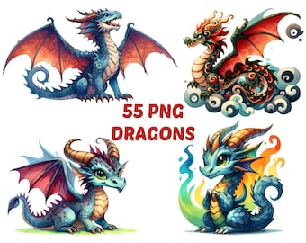 Watercolor Dragon PNG Clipart Set: 55 Kawaii Fantasy Images (Digital Download)