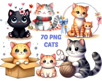 Conjunto de Clipart de Gatos em Aquarela, Imagens PNG de Gatinhos Kawaii (Download Digital)