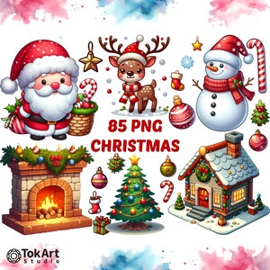 Watercolor Transparent PNG Christmas Images Set. Watercolor New Year Cliparts. Santa Claus, Christmas Tree, Christmas Ornaments PNG Images.