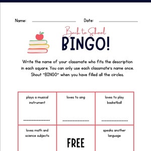 Back to School Bingo Printable Digital Download