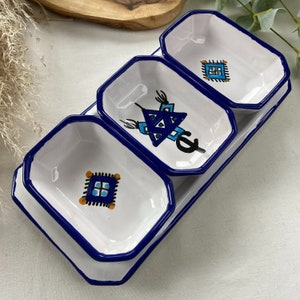 Elegant Handmade Tunisian Ceramic Dish Set | Hand-Painted Star of David & Empowering Women’s Motif | Unique Judaica Serving Dishes