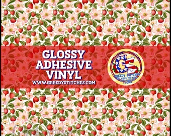 Strawberry Vines Glossy Adhesive Vinyl | Strawberry Floral Adhesive Vinyl | Strawberry Vinyl | Strawberry Pattern Vinyl Sheets | Red Vinyl