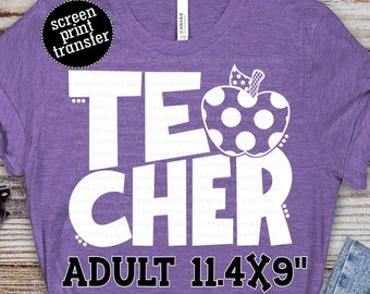 Teacher Apple ADULT Screen Print Transfer | Teacher Screen Print | Apple | Retro Teacher Screen Print Transfer| School Teacher Heat Transfer