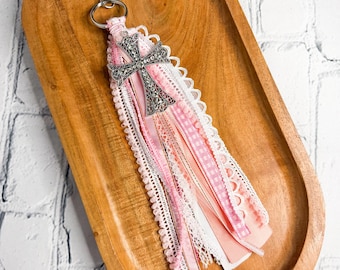The Grace Charm | Pink Ribbon with Cross Bag Charm | Coquette Purse Accessory | Handmade Ribbon Tassel