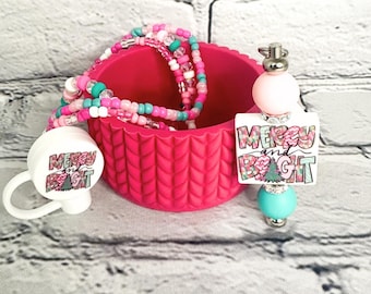 Merry & Bright | Christmas Tumbler Accessories | Silicone Boot | Topper | Straw Charm | Bracelets