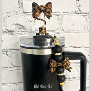 Glitter Leopard and Bow Tumbler Accessories | Silicone Tumbler Boot | Topper | Straw Charm | Bracelets