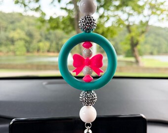 CAR CHARM - Coquette Bow | Hot Pink Glitter {for Rearview Mirror}