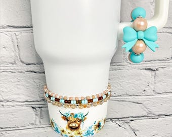 Floral Highland Cow | Tumbler Accessories | Boot | Handle Charm | Straw Topper | Beaded Bracelet Set | Western | Turquoise | Great Gift Idea