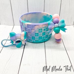 Accesorios para vasos con remolino de algodón de azúcar y lazos / Bota de silicona / Dije para taza / Adorno para pajita