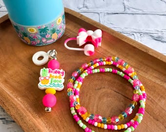 Resting Beach Face Tumbler Accessories | Boot | Charm | Straw Topper | Beaded Bracelet Set