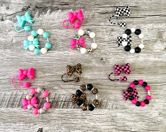 Bow Tumbler Cup Accessories - Handle Charm and Straw Topper - Leopard Print - Turquoise - Hot Pink - Checkered