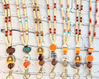 Fall-Themed Beaded Lanyard | ID Badge Holder | Accessory for Teachers, Counselors, Social Workers, Librarians, Office Staff