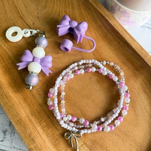 Purple Opal Coquette Bow Tumbler Accessories - Includes Silicone Boot, Charm and Straw Topper