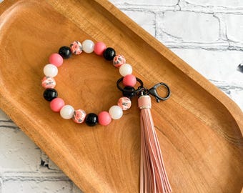 Bloom and Blush Wristlet | Floral Beaded Key Ring with Pink Faux Suede Tassel | Cute Boho Wristlet