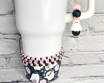 Pink Ghost | Halloween Tumbler Accessories | Boot | Handle Charm | Straw Topper | Beaded Bracelet Set | Pumpkin | Spooky | Sparkle | Bling