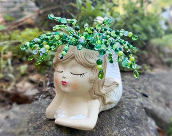 Mermaid Planter with Hand Beaded Glass & Acrylic Bead Strands | Whimsical Coastal Decor | Handmade Mermaid Home Decor | Ocean Lover Gift