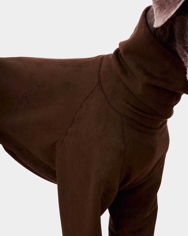May include: A brown suede dog sweater with a high turtleneck collar.
