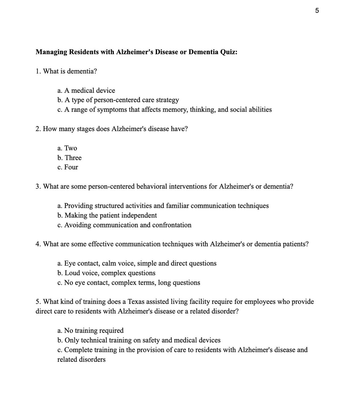 Digital Alzheimer's & Dementia Care Handbook, Comprehensive Quiz